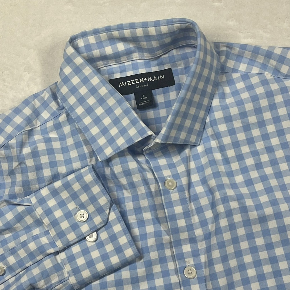 Mizzen Main Leeward Trim Fit Dress Shirt Men's S Light Blue Gingham Plaid Preppy